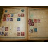 SIX ALBUMS OF WORLD POSTAGE STAMPS TO INCLUDE PENNY REDS AND MORE MODERN STAMPS.