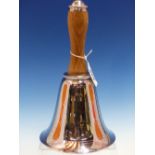 A PLATED BELL SHAPED COCKTAIL SHAKER, THE WOODEN HANDLE CAP UNSCREWING TO POUR OUT THE LIQUID. H