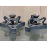 A PAIR OF BRONZE TRIPARTITE BASES AFTER THE ANTIQUE. W 35 x H 18cms.