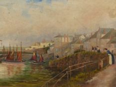 19th.C.ENGLISH SCHOOL. A CORNISH FISHING VILLAGE, OIL ON CANVAS. 40 x 56cms.