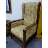 AN INTERESTING PAIR OF ANTIQUE OAK ARTS AND CRAFTS ARMCHAIRS WITH CHEQUER INLAID DECORATION TO THE