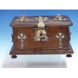 A LEATHER CLAD JEWELLERY CASKET, THE GOTHIC FOLIATE HINGE STRAPS AND HANDLES SILVER PLATED, THE