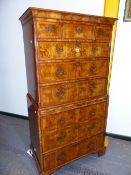 A GEORGIAN STYLE WALNUT CHEST ON CHEST, THE UPPER HALF WITH THREE SHORT DRAWERS OVER THREE GRADED