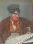 19th.C.ENGLISH SCHOOL. READING THE LATEST NEWS, INITIALLED B, WATERCOLOUR WITH SHAPED MOUNT. 31.5