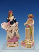 A MEISSEN FIGURE OF CUPID UNITING TWO HEARTS ON THE TOP OF A FLUTED COLUMN WITH BLUE RIBBON. H