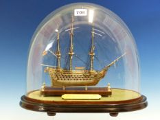 A GOOD PRISONER OF WAR TYPE BONE AND HORN MODEL OF THE 74 GUN SHIP HMS ILLUSTRIOUS UNDER GLASS DOME,