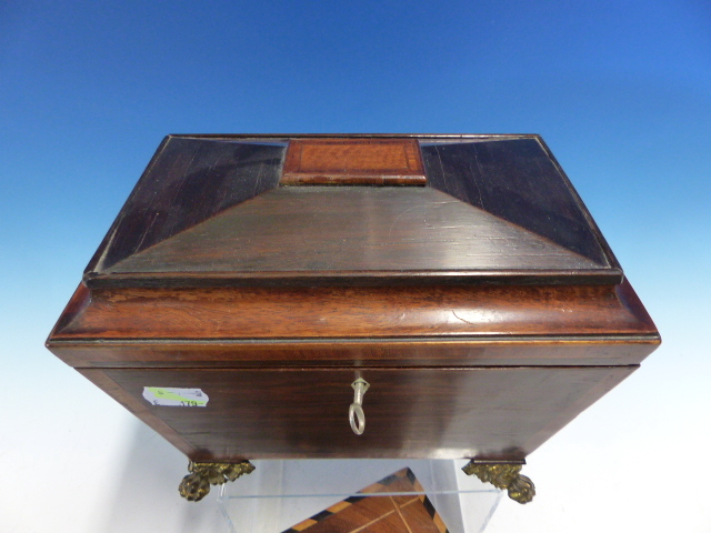 A ROSEWOOD TWO COMPARTMENT SARCOPHAGUS TEA CADDY WITH GILT METAL LION MASK AND RING HANDLES ABOVE - Image 3 of 10