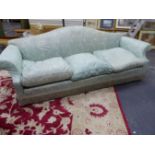 A LARGE COUNTRY HOUSE SETTEE WITH CAMEL BACK, SCROLL ARMS AND FEATHER CUSHIONS. W.235cms.