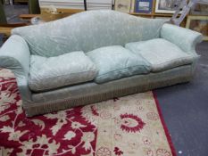 A LARGE COUNTRY HOUSE SETTEE WITH CAMEL BACK, SCROLL ARMS AND FEATHER CUSHIONS. W.235cms.