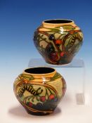 A PAIR OF 2002 MOORCROFT JARS ONE TUBE LINED BY GILLIAN POWELL AND PAINTED BY JAYNE HANCOCK, BOTH