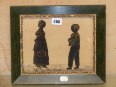 A 19th C. SILHOUETTE OF A BOY AND GIRL FACING EACH OTHER WHILE STANDING ON A LAWN WITHIN GILT SLIP