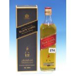 WHISKY. JOHNNIE WALKER BLACK LABEL 1 x BOTTLE, BOXED TOGETHER WITH RED LABEL, 1 x BOTTLE, BOXED. (