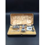 A SILVER HALLMARKED WALKER AND HALL CASED CONDIMENT SET. (ONE ODD SILVER SPOON). GROSS WEIGHT 198.