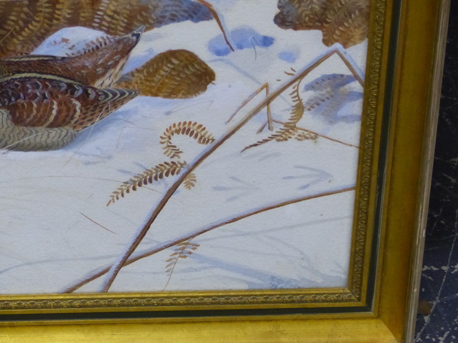 PHILIP RICKMAN. (1891-1982) ARR. WOODCOCKS IN SNOW, SIGNED AND DATED WATERCOLOUR WITH GALLERY - Image 5 of 16