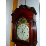 A 19th.C.OAK AND MAHOGANY LONG CASE CLOCK WITH PAINTED 12" DIAL, ARCH TOP DIAL SIGNED WILKINSON,