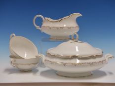 A DOULTON RICHELIEU PATTERN DINNER SERVICE EACH PIECE GILT WITH A WAVY FOLIAGE BAND BELOW THE RIM,