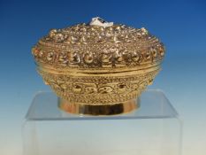 A CHINESE SILVER BOX AND COVER WORKED WITH BANDS OF RAISED CABOCHONS AND ROUNDELS. Dia. 12.5cms.