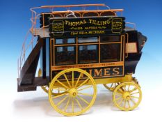 A SCALE MODEL HORSE DRAWN OMNIBUS PAINTED WITH THE LONDON ROUTES BETWEEN THE WINDOWS. W 47cms.