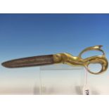 A PAIR OF T WILKINSON AND SONS SHEFFIELD BRASS HANDLED TAILOR'S SCISSORS. W 37cms