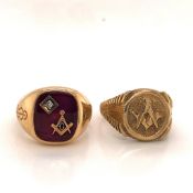 A 10ct GOLD SIGNED IBG DIAMOND SET MASONIC RING FINGER SIZE S 1/2, TOGETHER WITH A 9ct GOLD