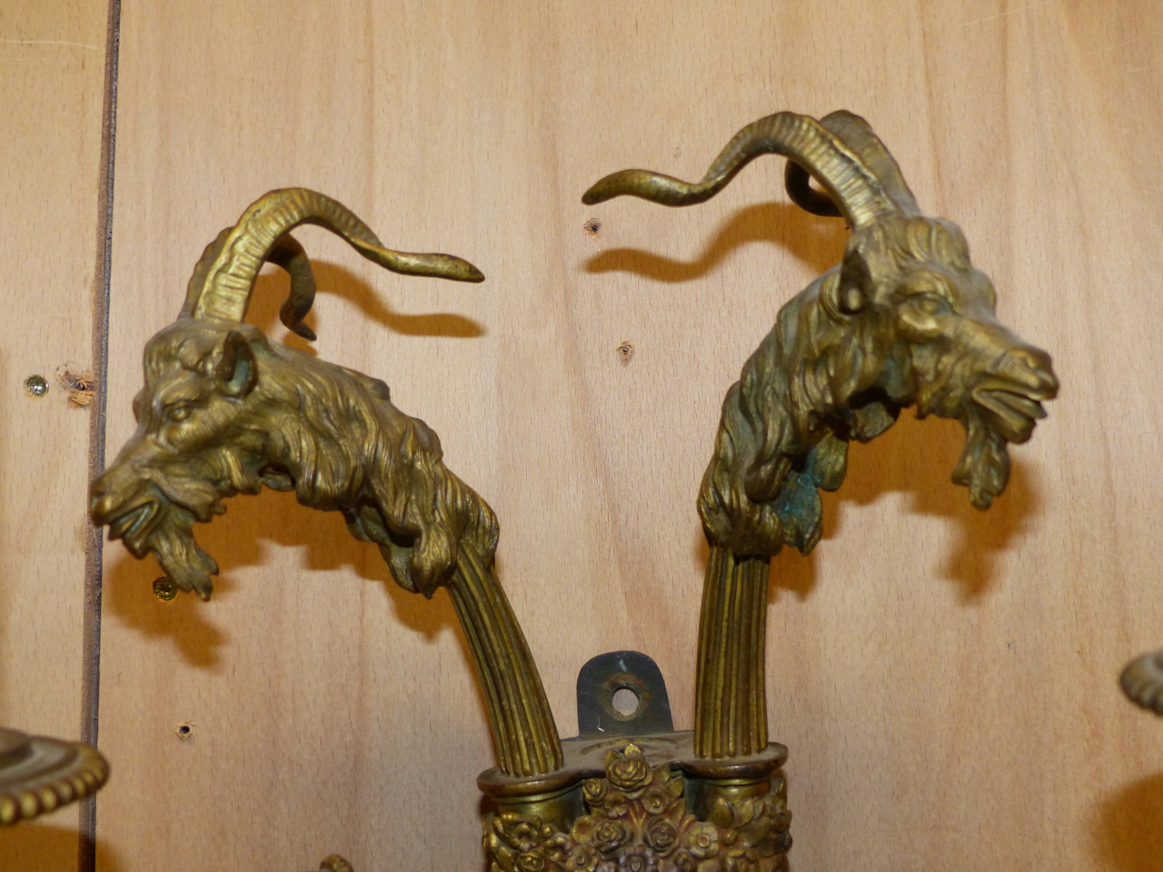 A PAIR OF ORMOLU TWO BRANCH WALL LIGHTS TOGETHER WITH A HANDBELL, THE FORMER WITH BACK PLATES TOPPED - Image 5 of 12