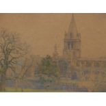 BERNARD GOTCH. (1876-1963) A CANALSIDE CHURCH, POSSIBLY OXFORD, SIGNED WATERCOLOUR. 27.5 x 38cms.