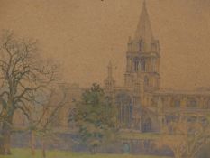 BERNARD GOTCH. (1876-1963) A CANALSIDE CHURCH, POSSIBLY OXFORD, SIGNED WATERCOLOUR. 27.5 x 38cms.