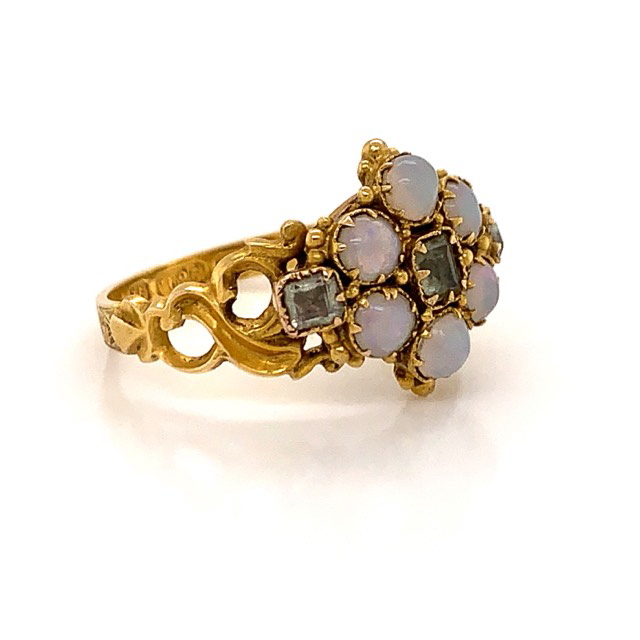 A 15CT GOLD VICTORIAN OPAL AND GEMSTONE CLUSTER RING, DATE LETTER Y. FINGER SIZE N. WEIGHT 2.8grms. - Image 7 of 8