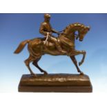 AFTER JOSEPH VICTOR CHEMIN (1825-1901), A BRONZE FIGURE OF A STALLION WITH A JOCKEY WALKING ACROSS A