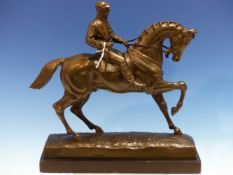 AFTER JOSEPH VICTOR CHEMIN (1825-1901), A BRONZE FIGURE OF A STALLION WITH A JOCKEY WALKING ACROSS A