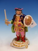 A SAMSON DERBY STYLE FIGURE OF FALSTAFF STANDING WITH SHIELD AND RAISED SWORD, LA COURTILLE ARROW