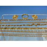 A QUANTITY OF 9ct GOLD TO INCLUDE THREE BRACELETS, A 14ct GREEK KEY DESIGN RING, FINGER SIZE P 1/