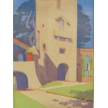 MERYL WATTS. (1910-1992) ARR. THE CAMPANILE, PORTHMEIRION, PENCIL SIGNED LIMITED EDITION WOODBLOCK
