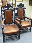 A SET OF EIGHT CHARLES II STYLE OAK CHAIRS INCLUDING TWO WITH ARMS, PAIRS OF BIRDS CRESTING