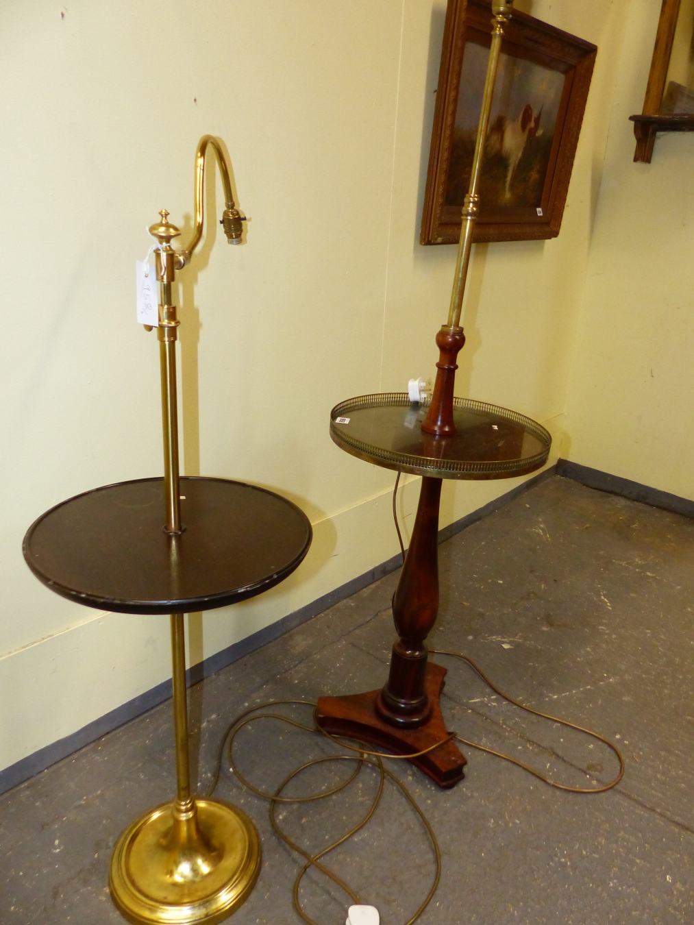 AN ANTIQUE AND LATER MAHOGANY AND BRASS STANDARD LAMP TOGETHER WITH A BESPOKE BRASS STANDARD LAMP,