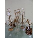 A PAIR OF GILT METAL LUSTRE TWO LIGHT CANDELABRA. H 38.5cms. A GILT CLEAR GLASS TRUMPET SHAPED VASE.