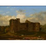 19th.C.ENGLISH SCHOOL. CATTLE ON A TRACK BY CASTLE RUINS, OIL ON BOARD. 32 x 42cms.