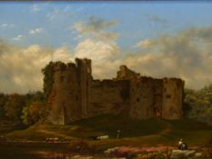 19th.C.ENGLISH SCHOOL. CATTLE ON A TRACK BY CASTLE RUINS, OIL ON BOARD. 32 x 42cms.