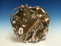 A WMF ART NOUVEAU SILVER PLATED DISH MODELLED IN RELIEF WITH A GIRL WITH FLOWING HAIR AND DRESS