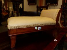 A BEIGE UPHOLSTERED MAHOGANY GOUT STOOL, A SINGLE END RAISED ABOVE THE RECTANGULAR TOP ADJUSTING