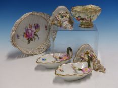 A COLLECTION OF GERMAN PORCELAINS, TO INCLUDE: A PAIR OF WALL BRACKETS. H 10cms. A PAIR OF FLORAL