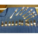 A SET OF ALEXANDER CLERK ELECTROPLATE CUTLERY, EACH HANDLE WITH RIBBON TIED REEDED EDGE,