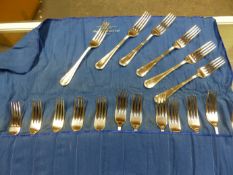 A SET OF ALEXANDER CLERK ELECTROPLATE CUTLERY, EACH HANDLE WITH RIBBON TIED REEDED EDGE,