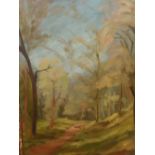 FELICITY SUTTON. (1922-2007) ARR. A WOODLAND VIEW, SIGNED OIL ON BOARD. 55 x 37cms.