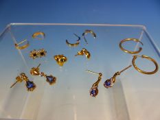 NINE PAIRS OF VARIOUS GOLD EARRINGS TO INCLUDE DIAMOND AND GEMSET DROPS, GARNET CABOCHON STUDS,