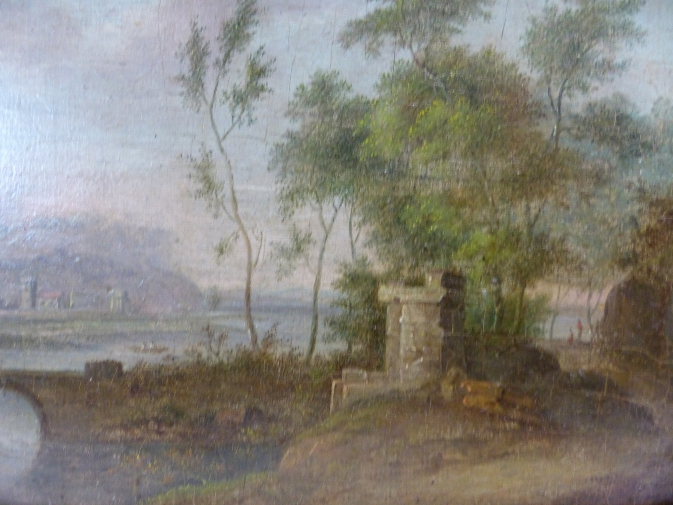 OLD MASTER SCHOOL. AN ITALIANATE RIVER LANDSCAPE WITH FOREGROUND BRIDGE, OIL ON PANEL. 10 x 14. - Image 8 of 10
