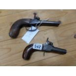 TWO PERCUSSION CAP POCKET PISTOLS, THE LARGER WITH OCTAGONAL SCREW OFF BARREL. W 20cms. THE OTHER