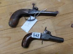 TWO PERCUSSION CAP POCKET PISTOLS, THE LARGER WITH OCTAGONAL SCREW OFF BARREL. W 20cms. THE OTHER