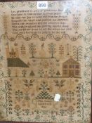 MARGARET COUCH, HER 1826 SAMPLER OF A VERSE, CASTLE, HOUSE AND FLOWERS WITHIN A FLOWERING VINE