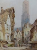 W.ALLEN. LATE 19th.C.ENGLISH SCHOOL. A CONTINENTAL TOWN VIEW, SIGNED WATERCOLOUR.